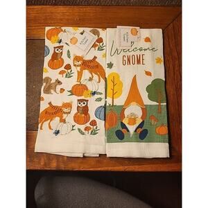 Kitchen Hand Towel Gnome Fall Forest Animals Pumpkins Leaves White Set of 2